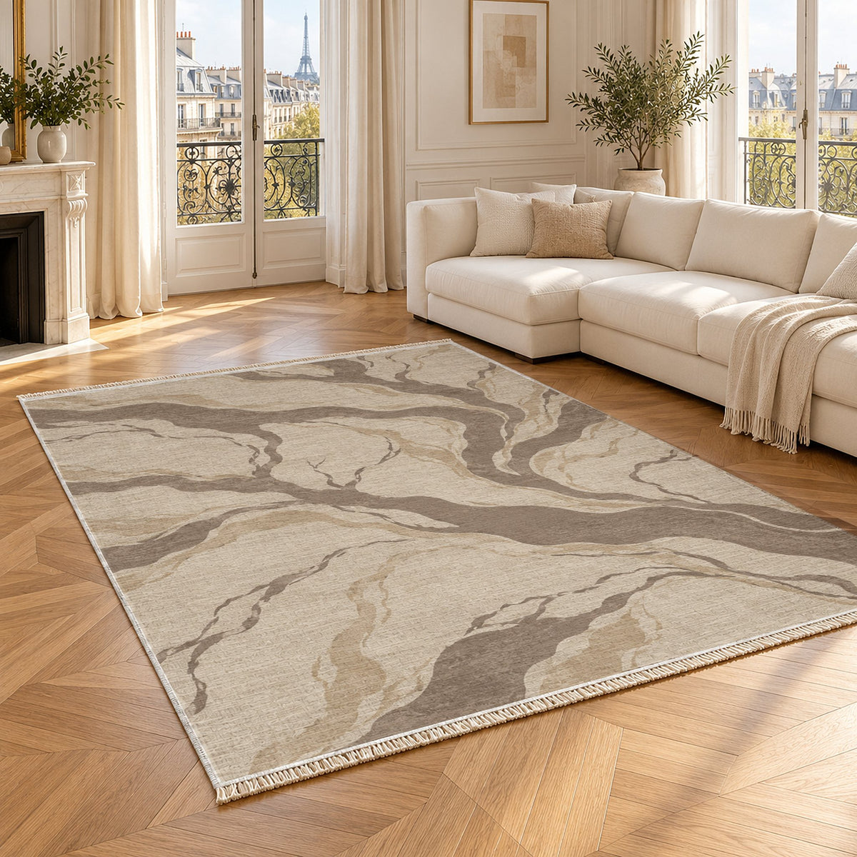 Riverbed Ivory & Taupe washable rug angled room view