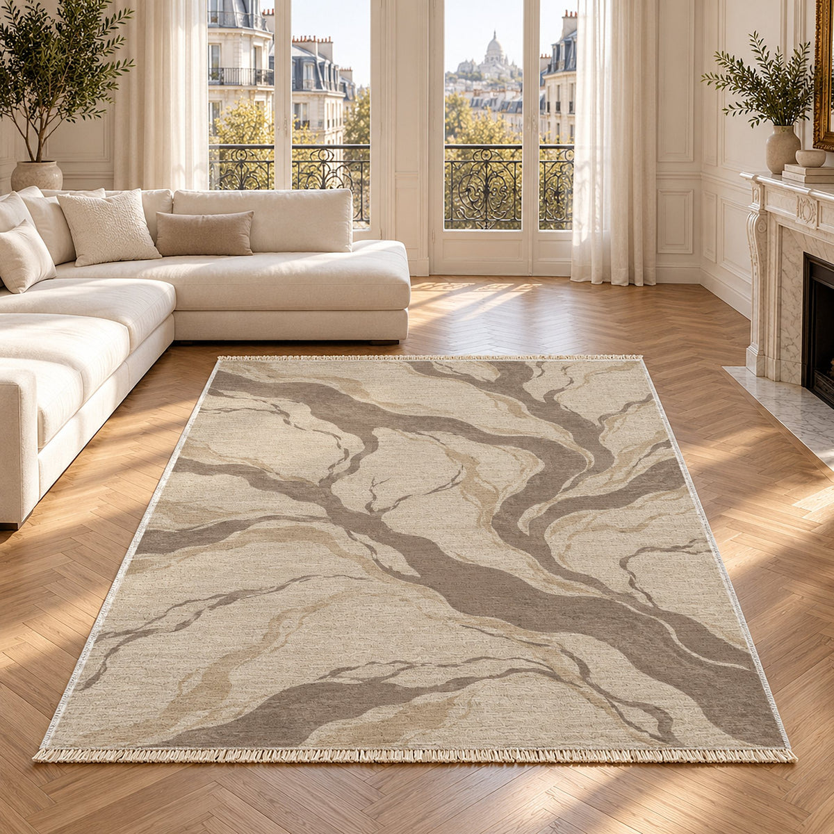 Riverbed Ivory & Taupe washable rug in a Paris living room