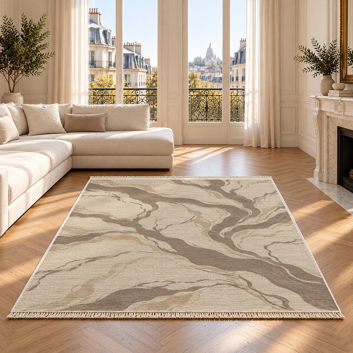 Riverbed Ivory & Taupe washable rug on an oak floor