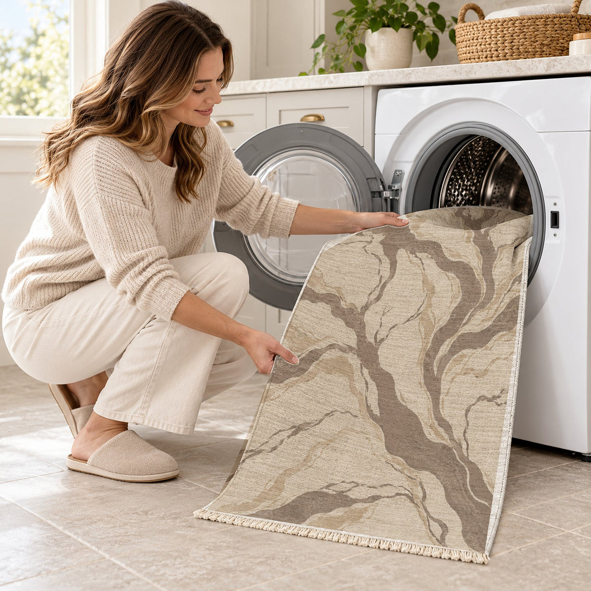 Riverbed Ivory & Taupe washable rug being loaded into a washing machine