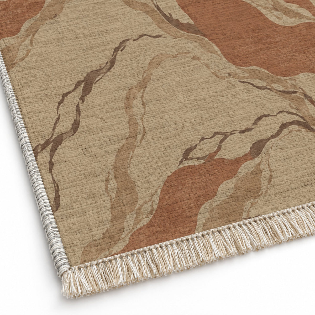 Riverbed Sand & Terracotta washable rug close-up of the printed chenille