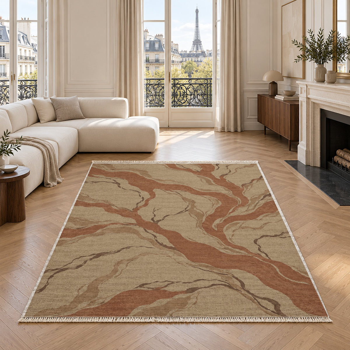 Riverbed Sand & Terracotta washable rug in a living room with an Eiffel Tower view