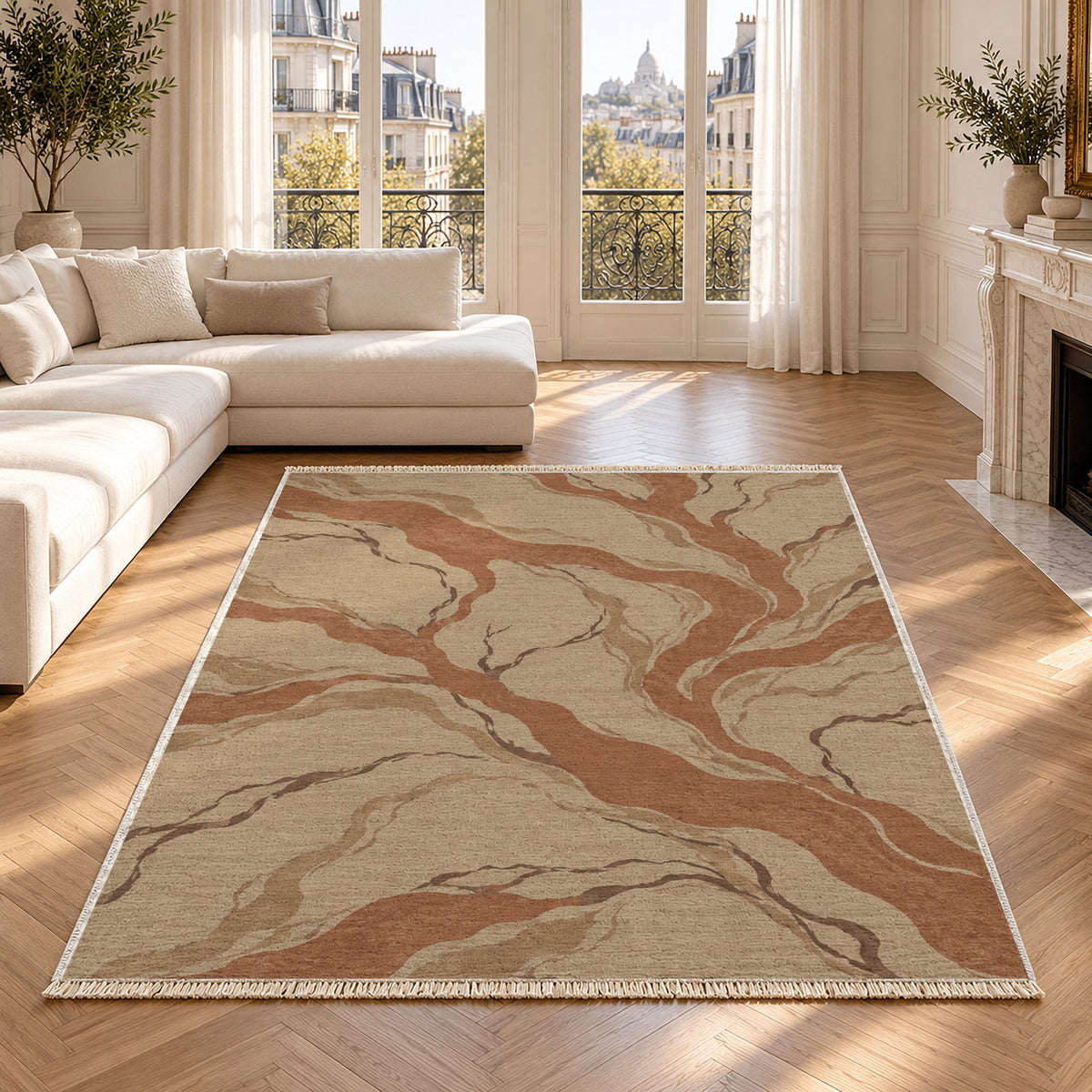 Riverbed Sand & Terracotta washable rug in a Paris living room