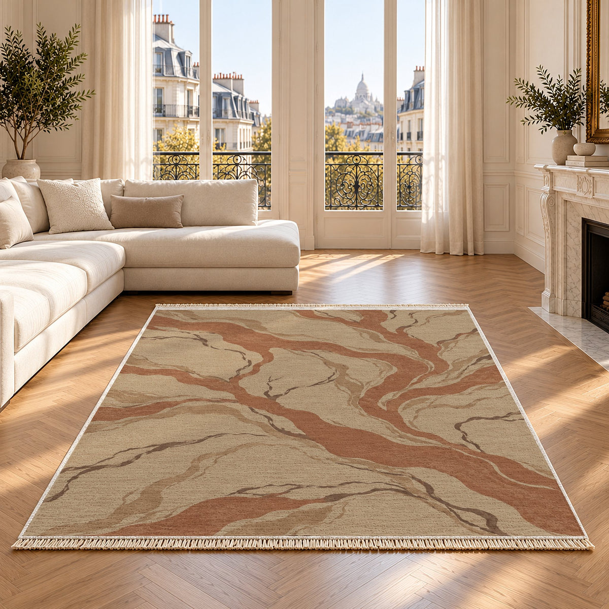 Riverbed Sand & Terracotta washable rug on an oak floor