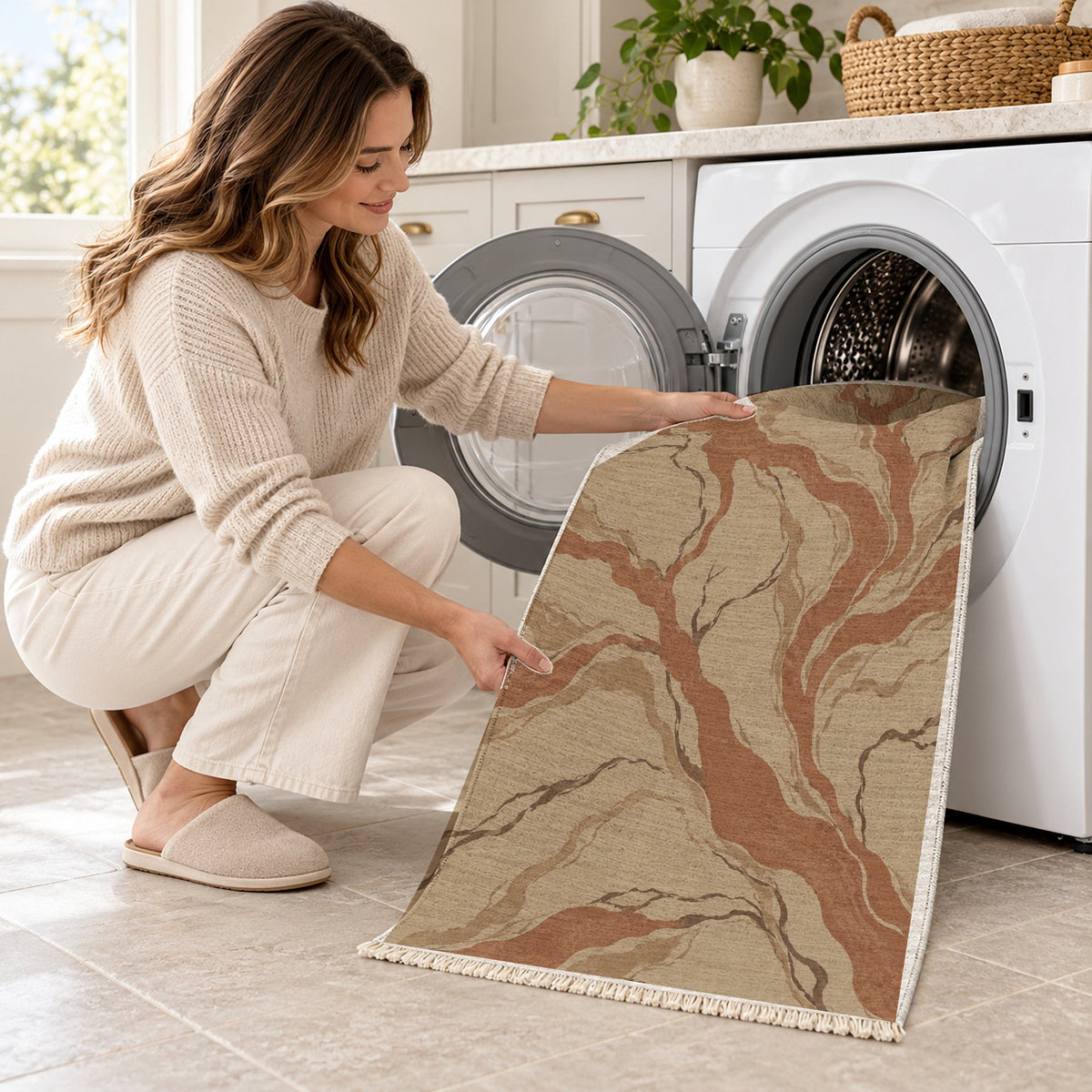 Riverbed Sand & Terracotta washable rug being loaded into a washing machine