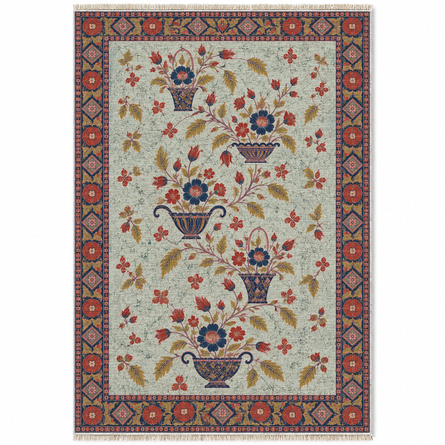 Rose Basket Procession Glacier, Ink & Vermilion Distressed Washable Rug