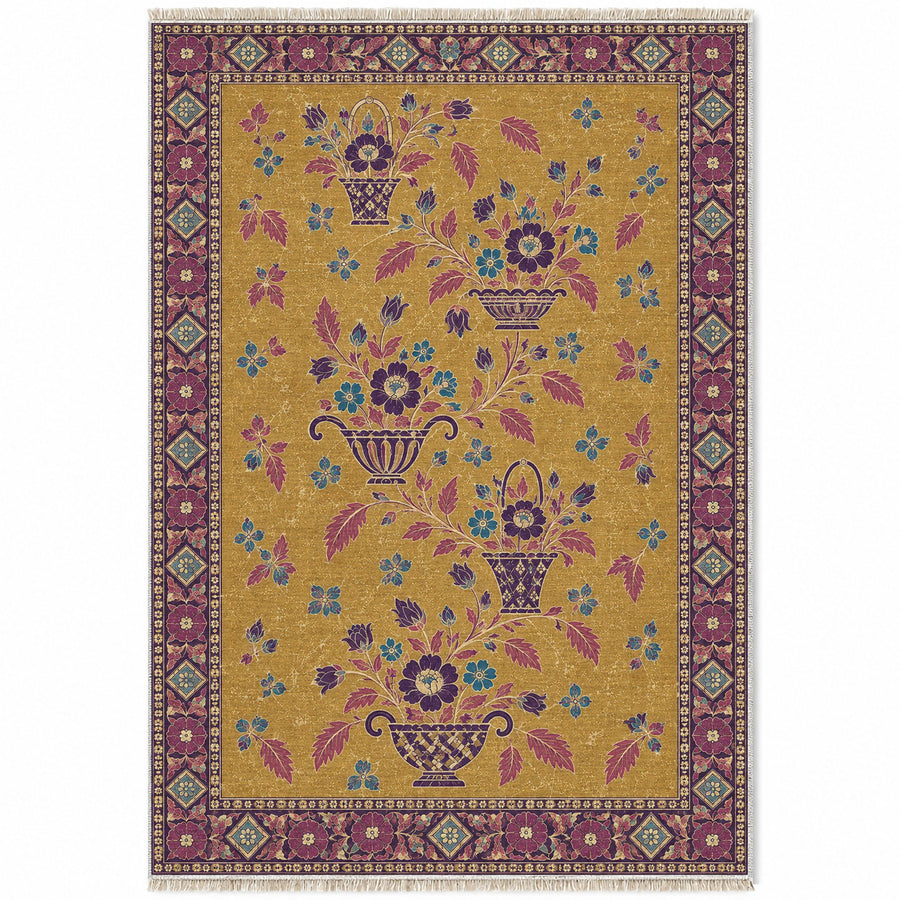 Rose Basket Procession Golden, Plum & Azure Distressed Washable Rug