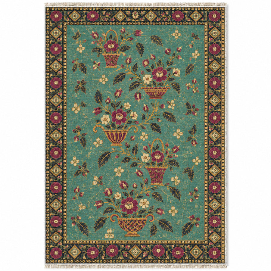 Rose Basket Procession Lagoon & Berry Distressed Washable Rug