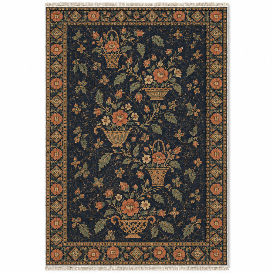 Rose Basket Procession Midnight & Melon Distressed Washable Rug