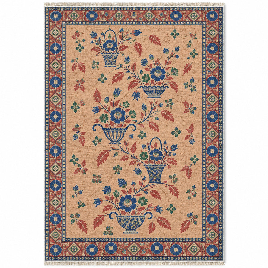 Rose Basket Procession Peach, Cobalt & Jade Distressed Washable Rug