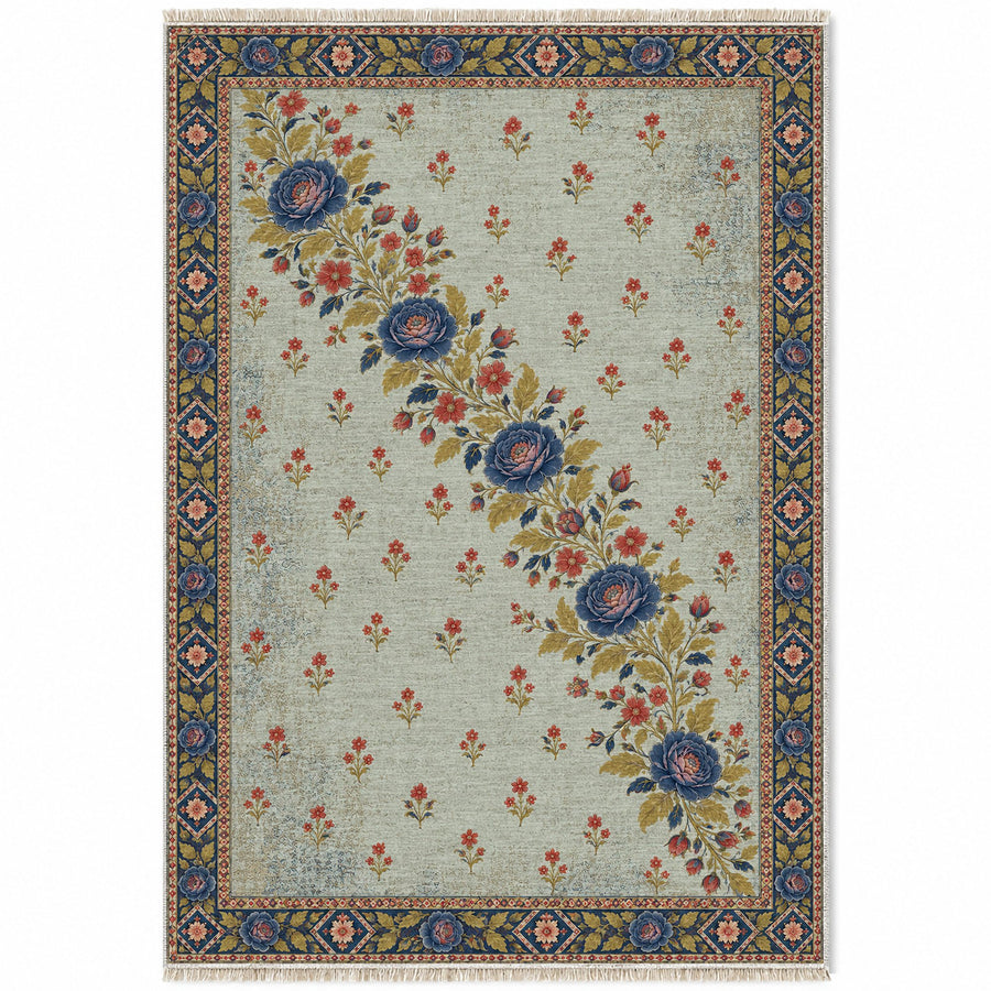 Rose Garland Diagonal Glacier, Ink & Vermilion Distressed Washable Rug