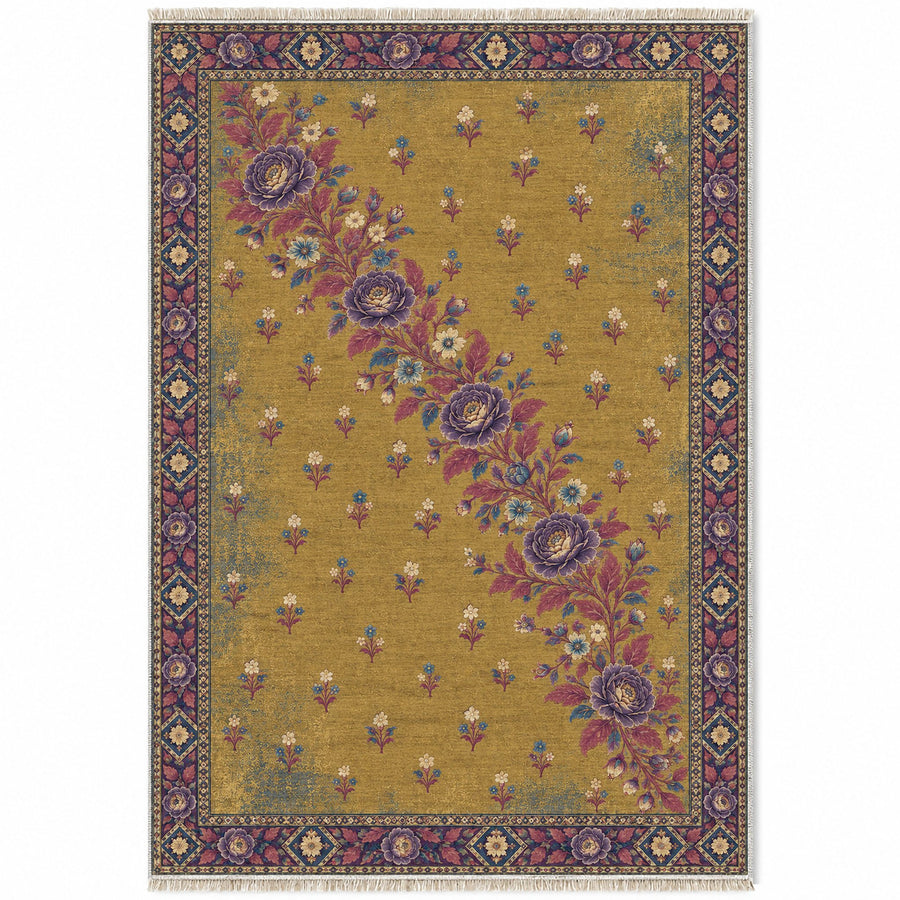 Rose Garland Diagonal Golden, Plum & Azure Distressed Washable Rug
