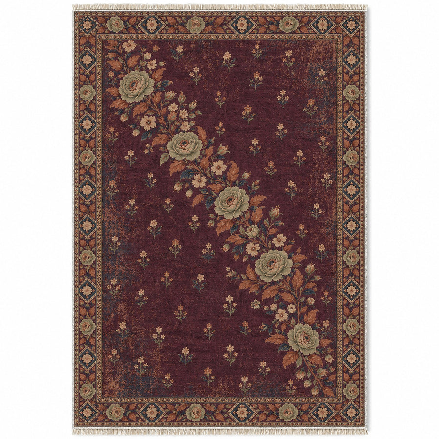 Rose Garland Diagonal Mulberry & Celadon Distressed Washable Rug