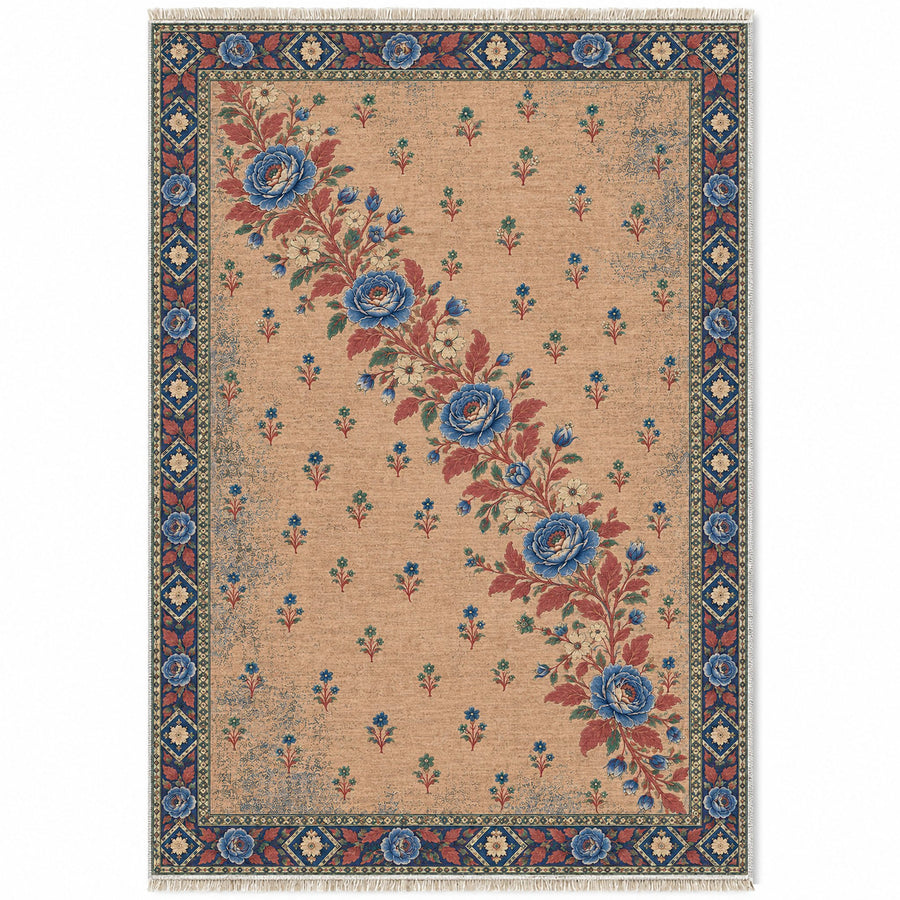 Rose Garland Diagonal Peach, Cobalt & Jade Distressed Washable Rug