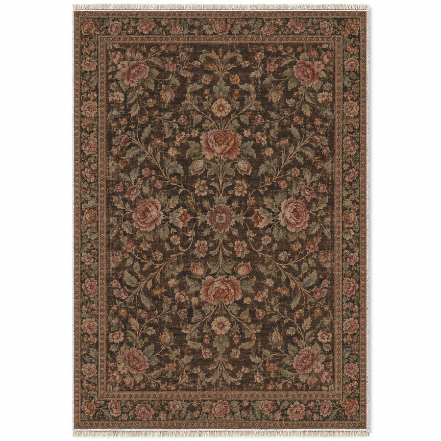Rose Nocturne Brown Caucasian Washable Rug