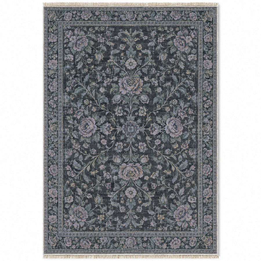 Rose Nocturne Mineral Blue Caucasian Washable Rug