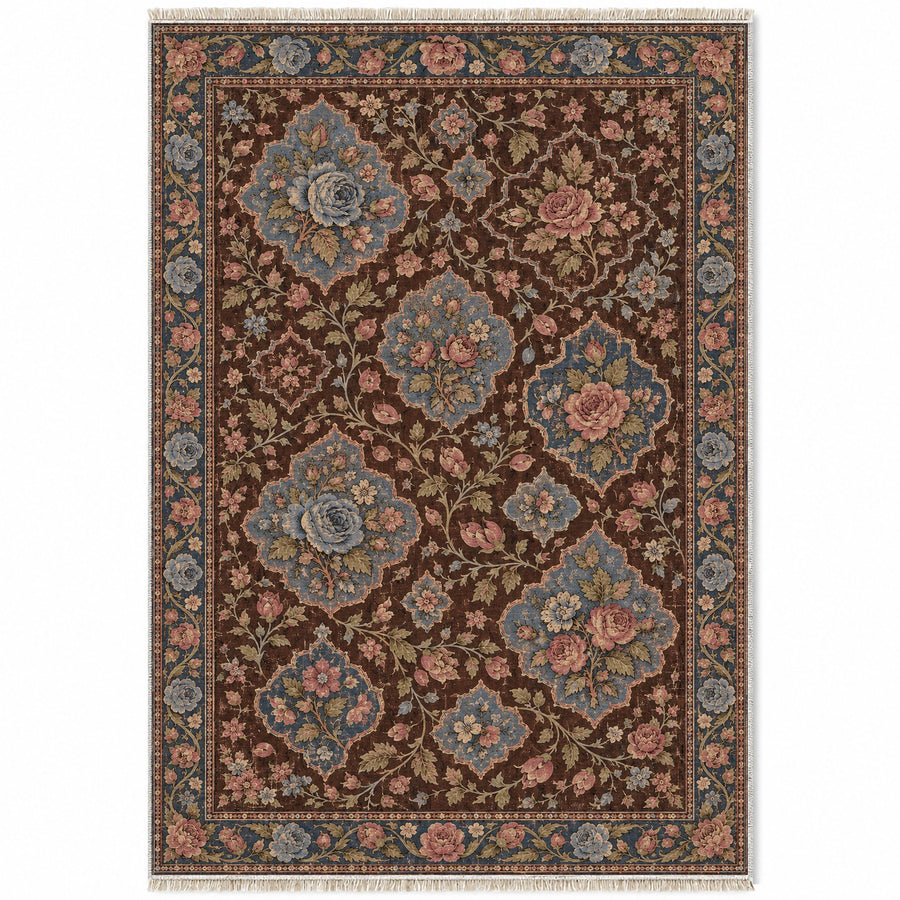 Rose Petal Mosaic Espresso & Cornflower Distressed Washable Rug