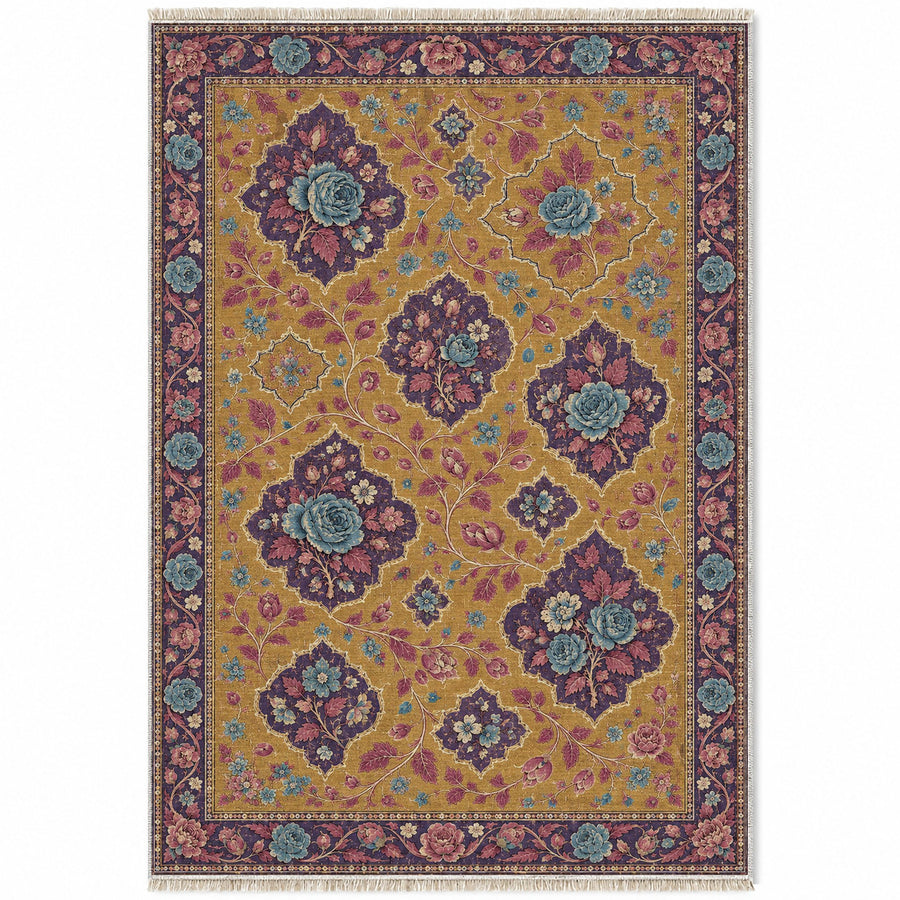 Rose Petal Mosaic Golden, Plum & Azure Distressed Washable Rug