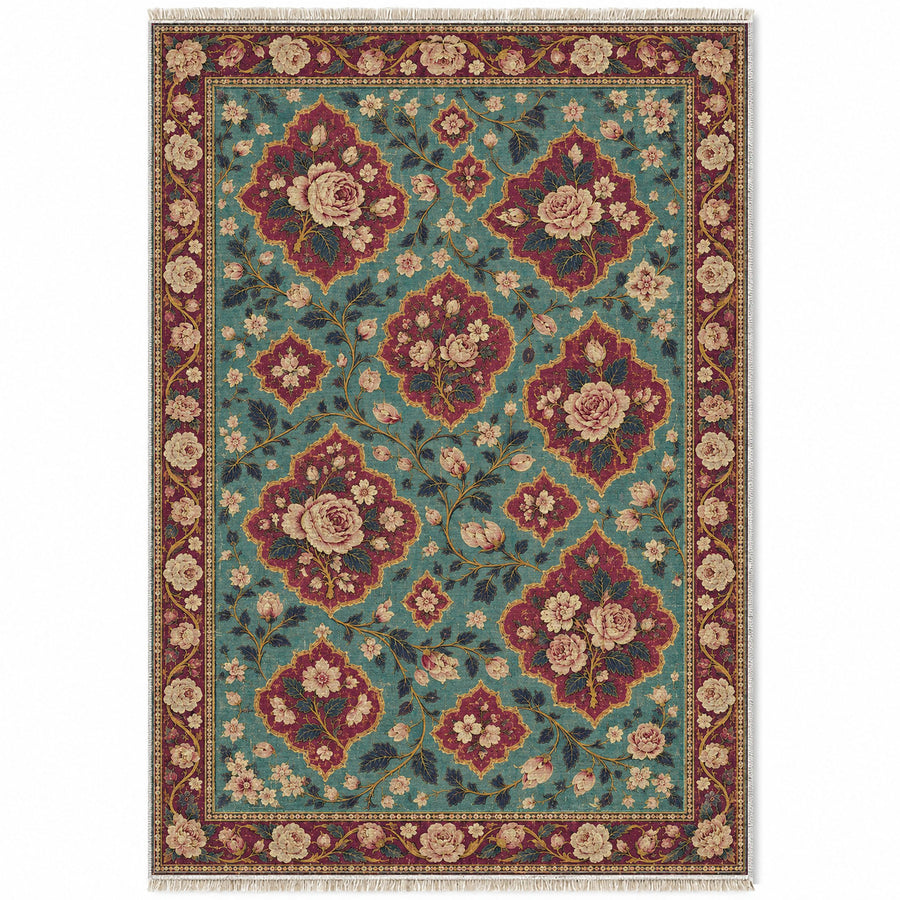Rose Petal Mosaic Lagoon & Berry Distressed Washable Rug