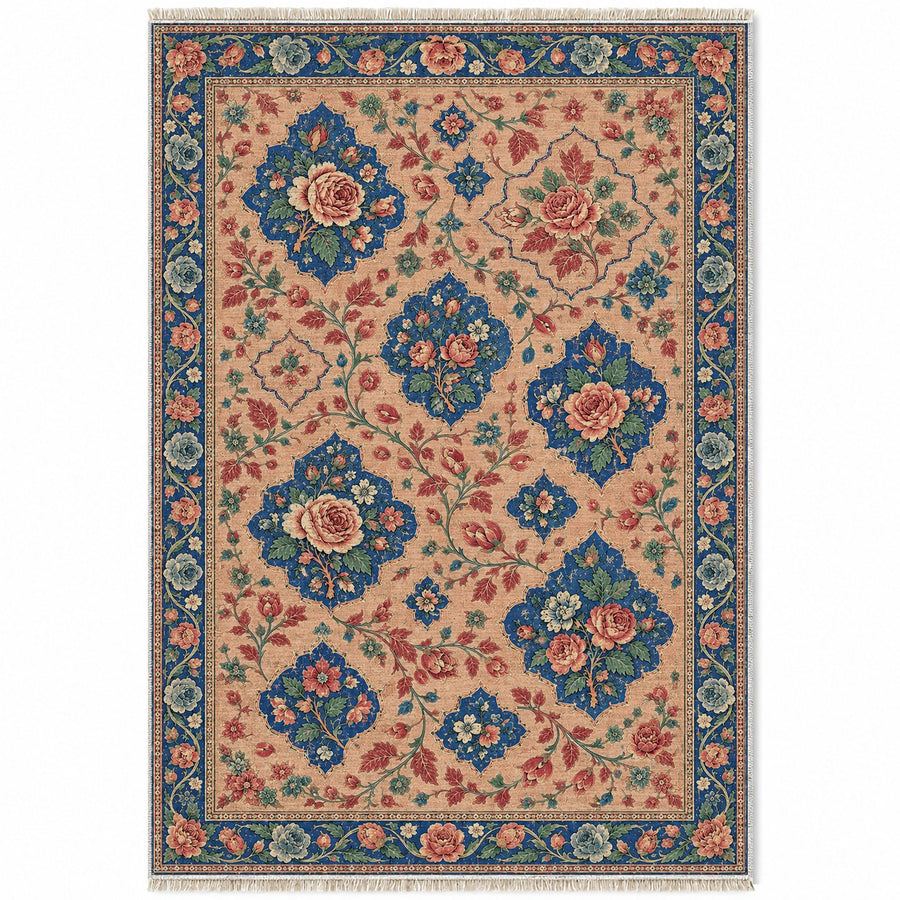Rose Petal Mosaic Peach, Cobalt & Jade Distressed Washable Rug