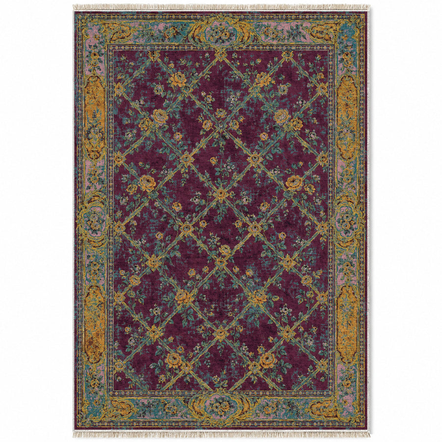 Rose Trellis Burgundy & Teal French Aubusson Washable Rug