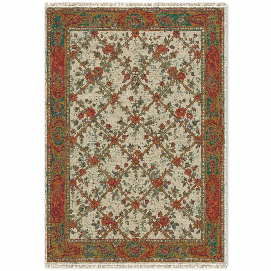 Rose Trellis Emerald & Terracotta French Aubusson Washable Rug