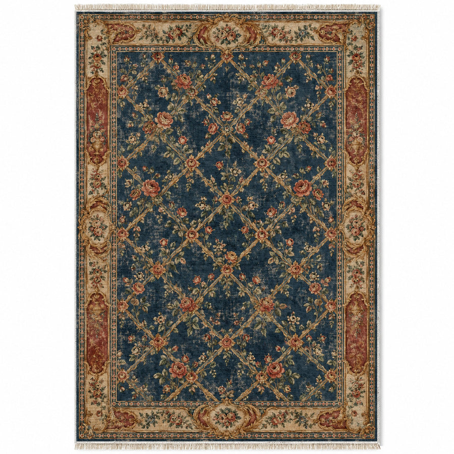 Rose Trellis Indigo & Rust French Aubusson Washable Rug