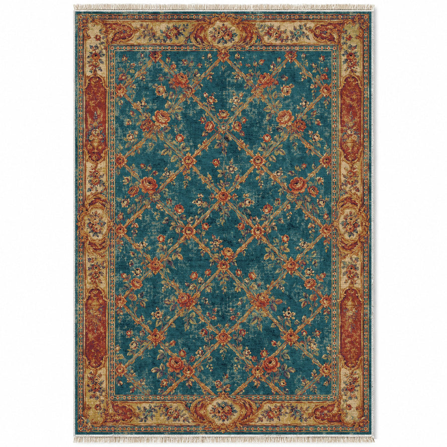 Rose Trellis Peacock & Ochre French Aubusson Washable Rug