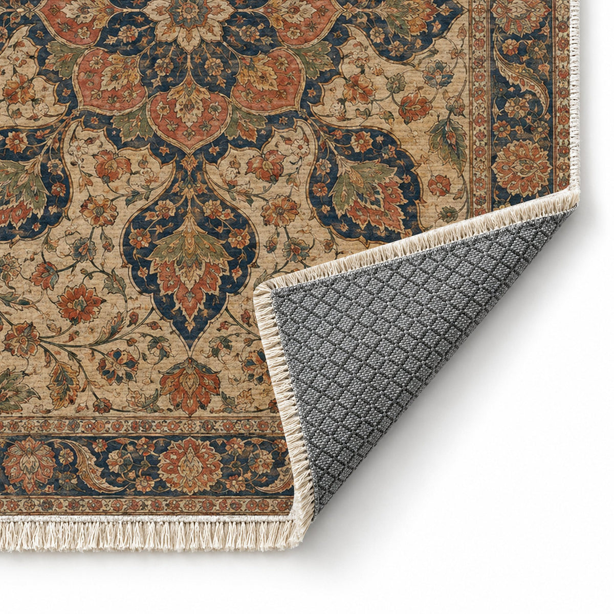 Rose Window Indigo & Rust washable rug folded corner showing the backing