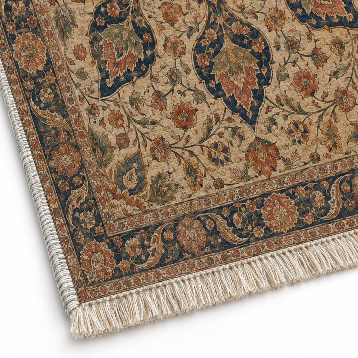 Rose Window Indigo & Rust washable rug close-up of the printed chenille