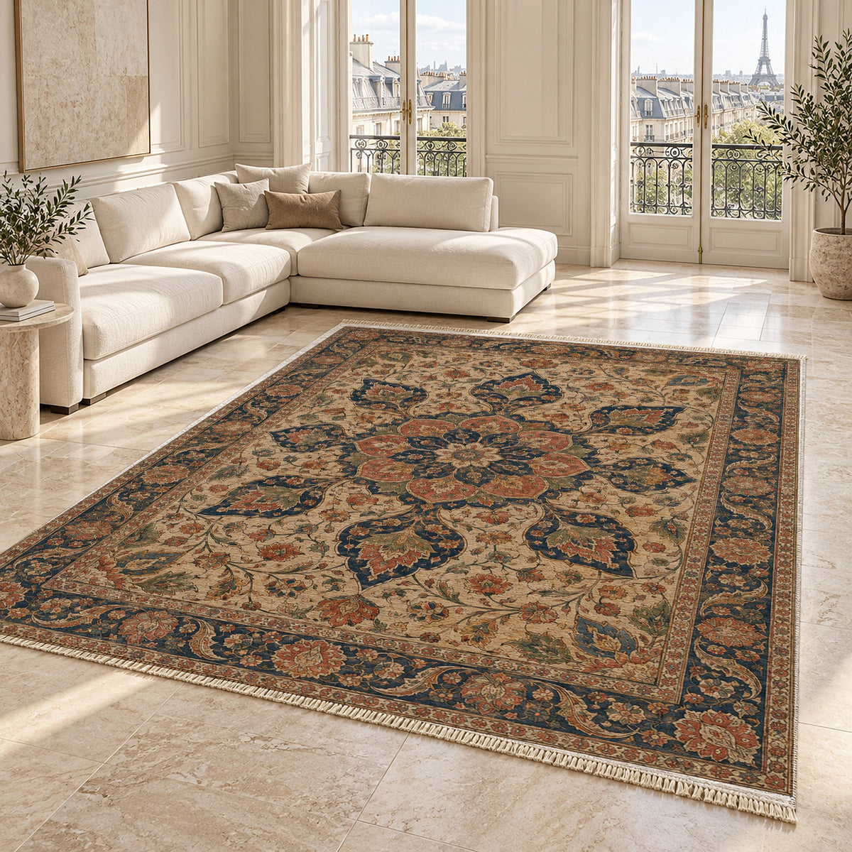 Rose Window Indigo & Rust washable rug angled room view on marble
