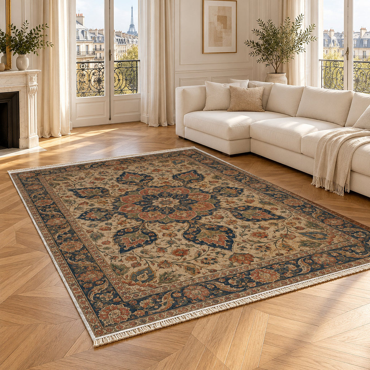 Rose Window Indigo & Rust washable rug angled room view