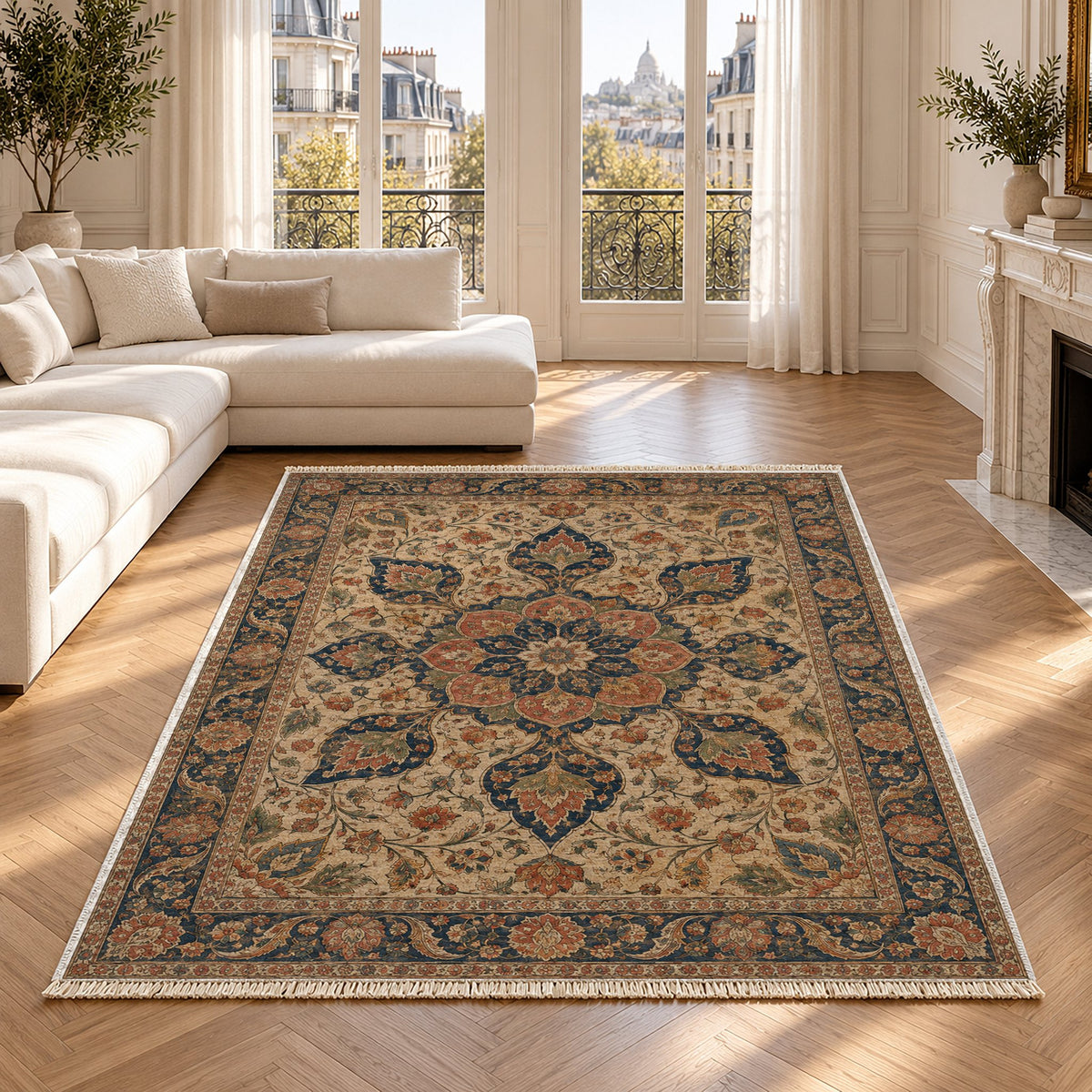 Rose Window Indigo & Rust washable rug in a Paris living room