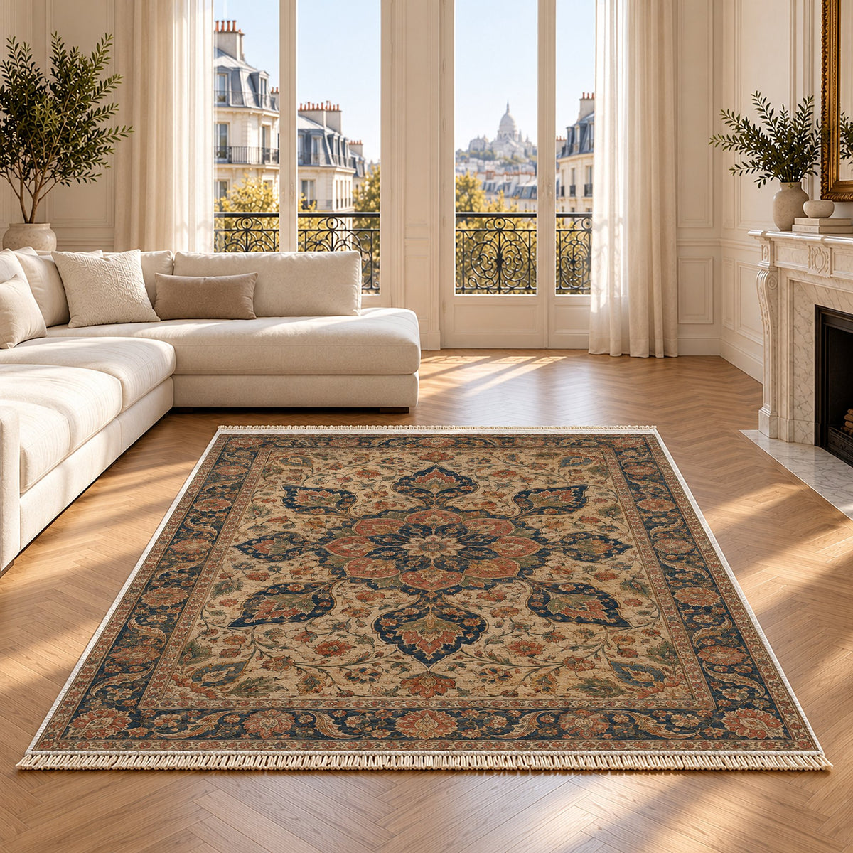 Rose Window Indigo & Rust washable rug on an oak floor