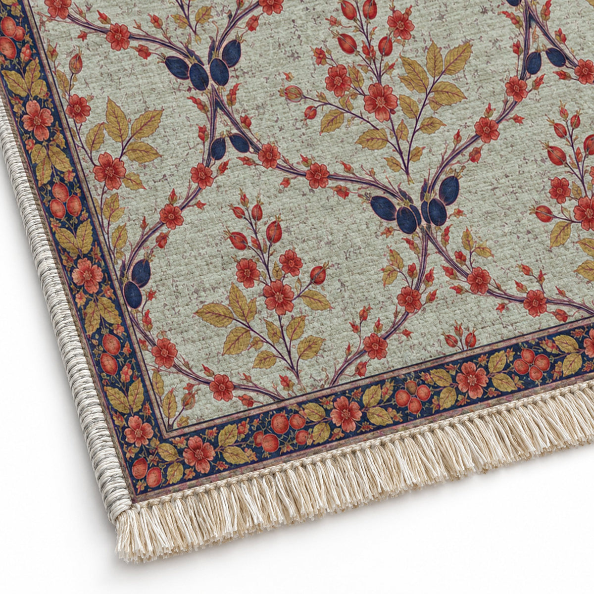 Rosehip Espalier Glacier, Ink & Vermilion washable rug close-up of the printed chenille