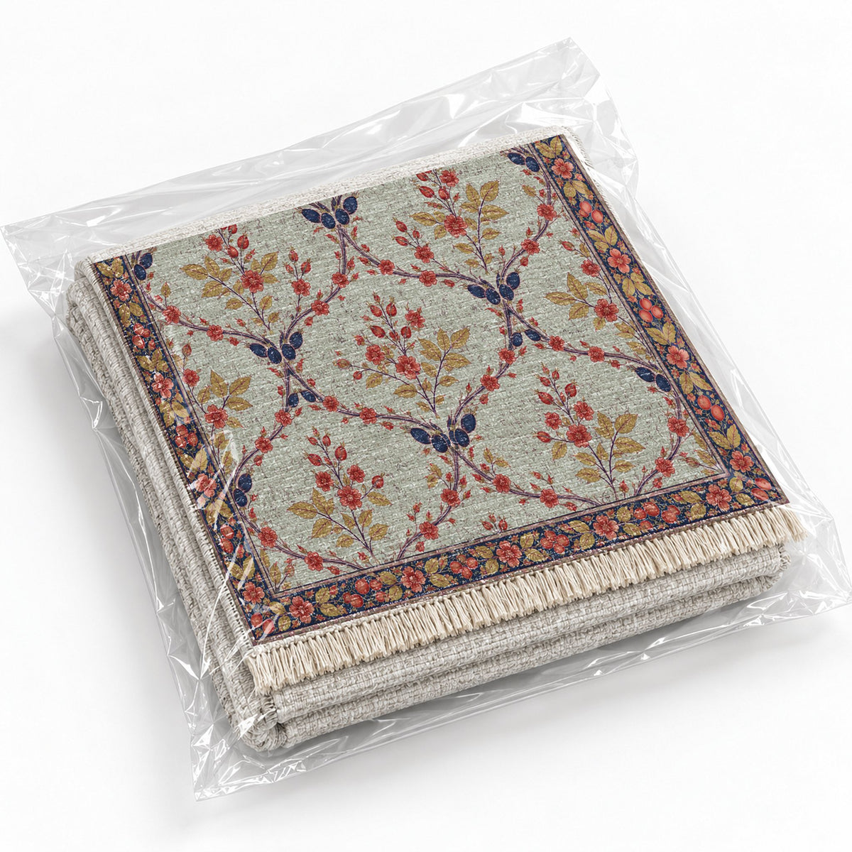 Rosehip Espalier Glacier, Ink & Vermilion washable rug rolled and packaged