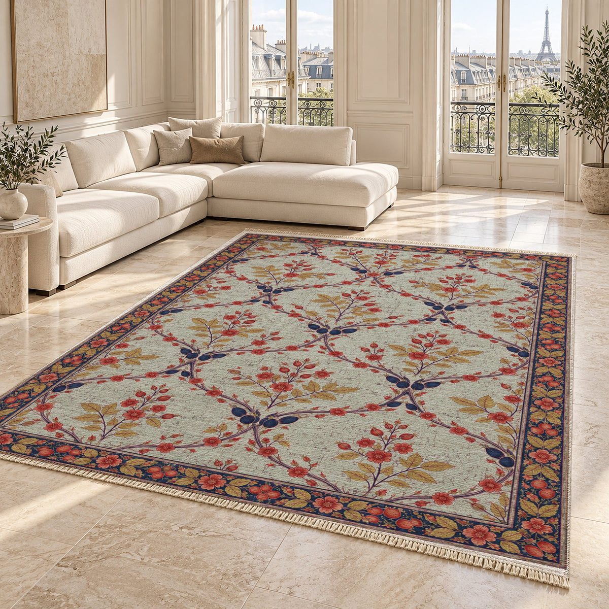 Rosehip Espalier Glacier, Ink & Vermilion washable rug angled room view on marble