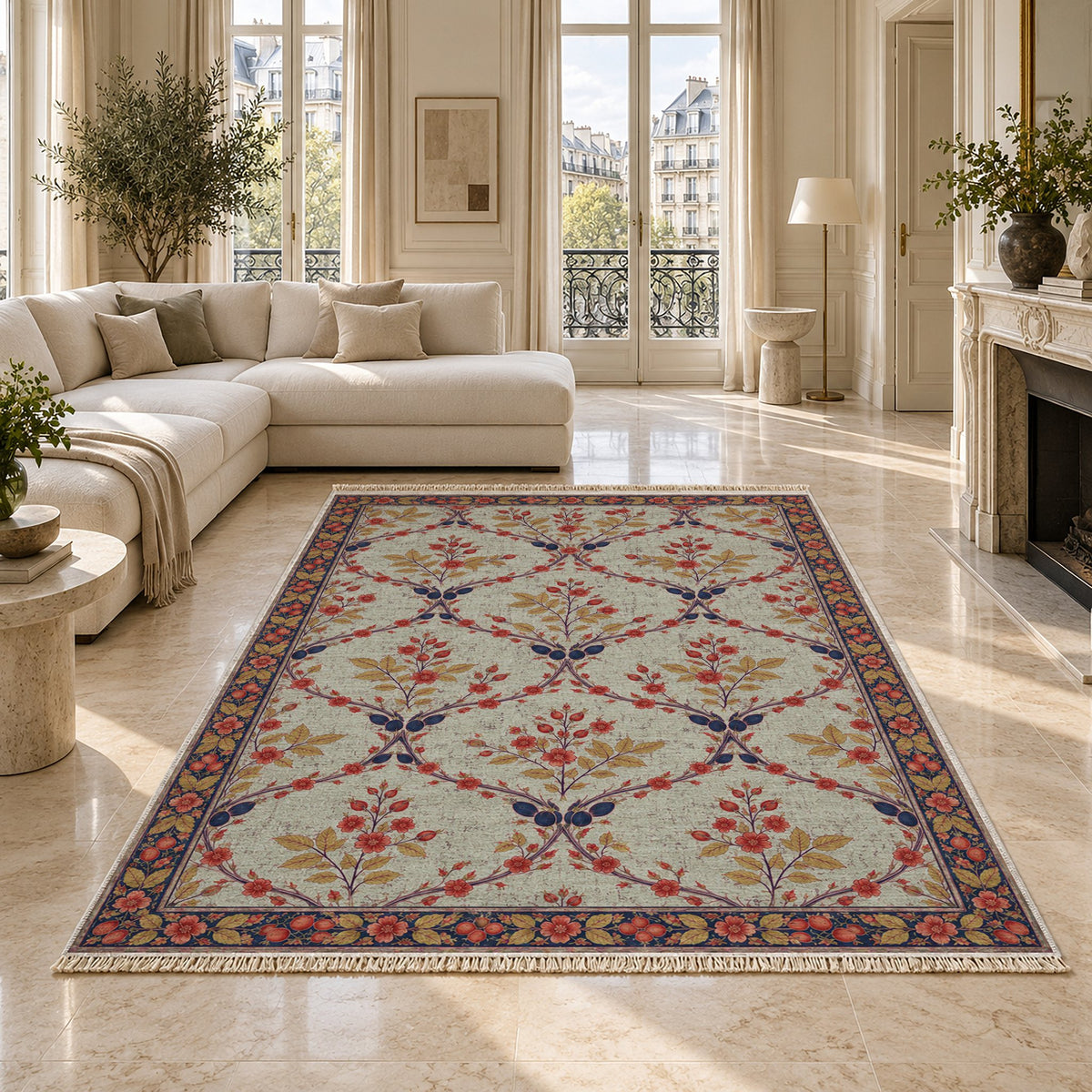 Rosehip Espalier Glacier, Ink & Vermilion washable rug on a marble floor