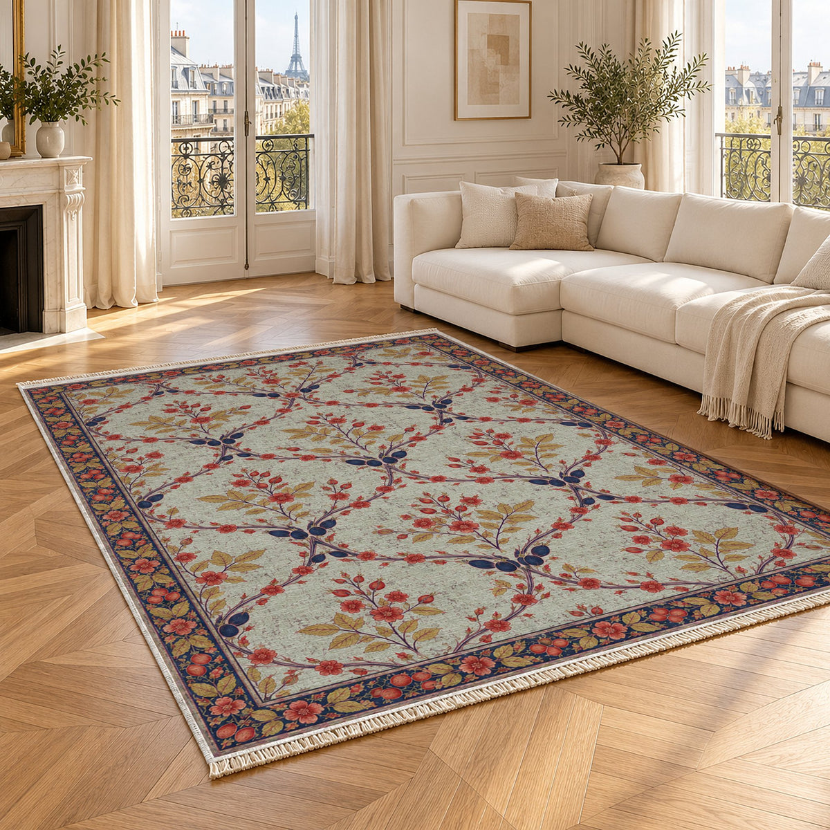 Rosehip Espalier Glacier, Ink & Vermilion washable rug angled room view