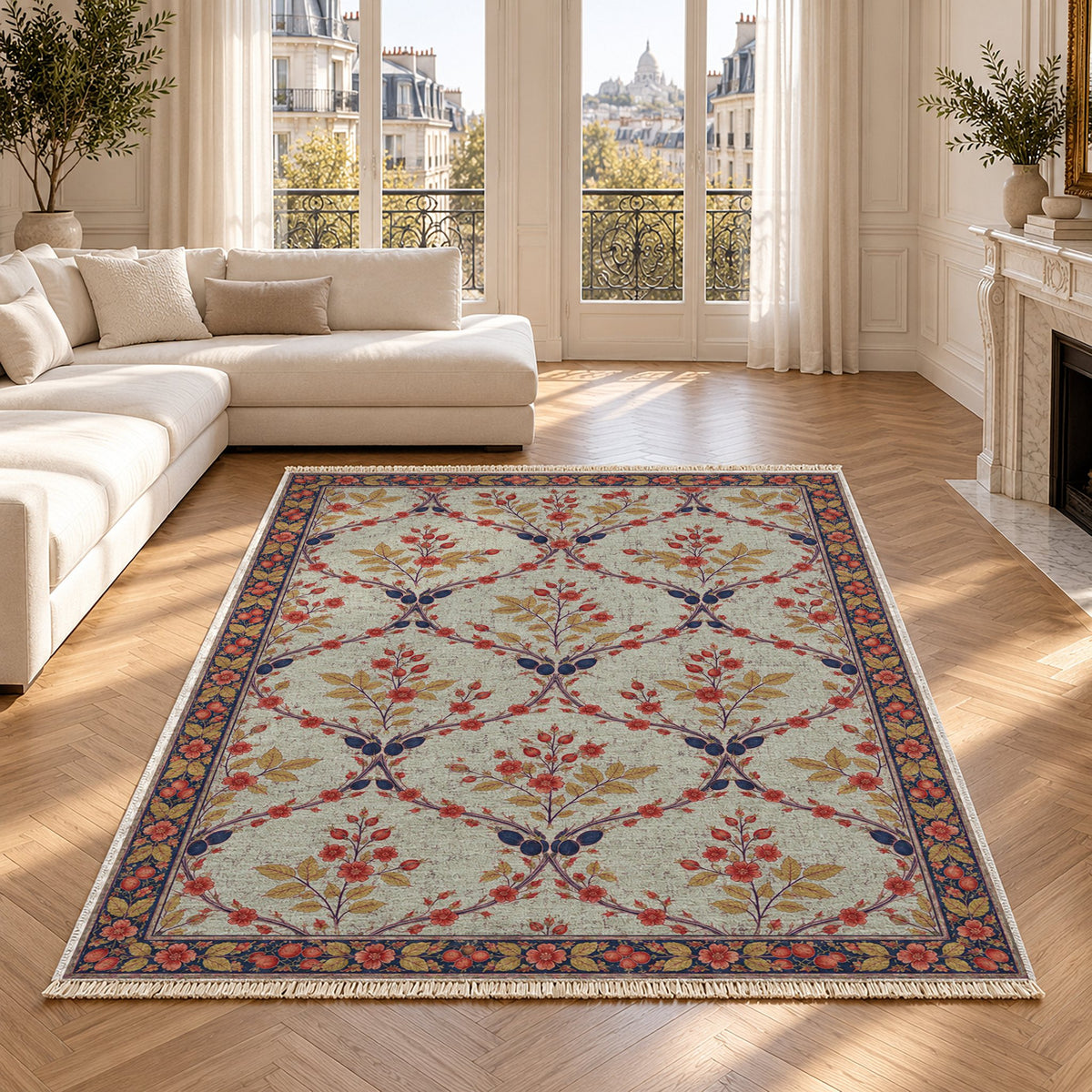 Rosehip Espalier Glacier, Ink & Vermilion washable rug in a Paris living room