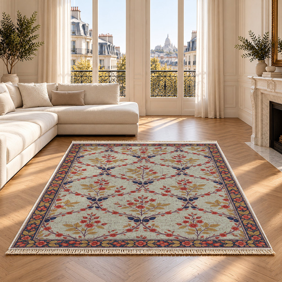 Rosehip Espalier Glacier, Ink & Vermilion washable rug on an oak floor