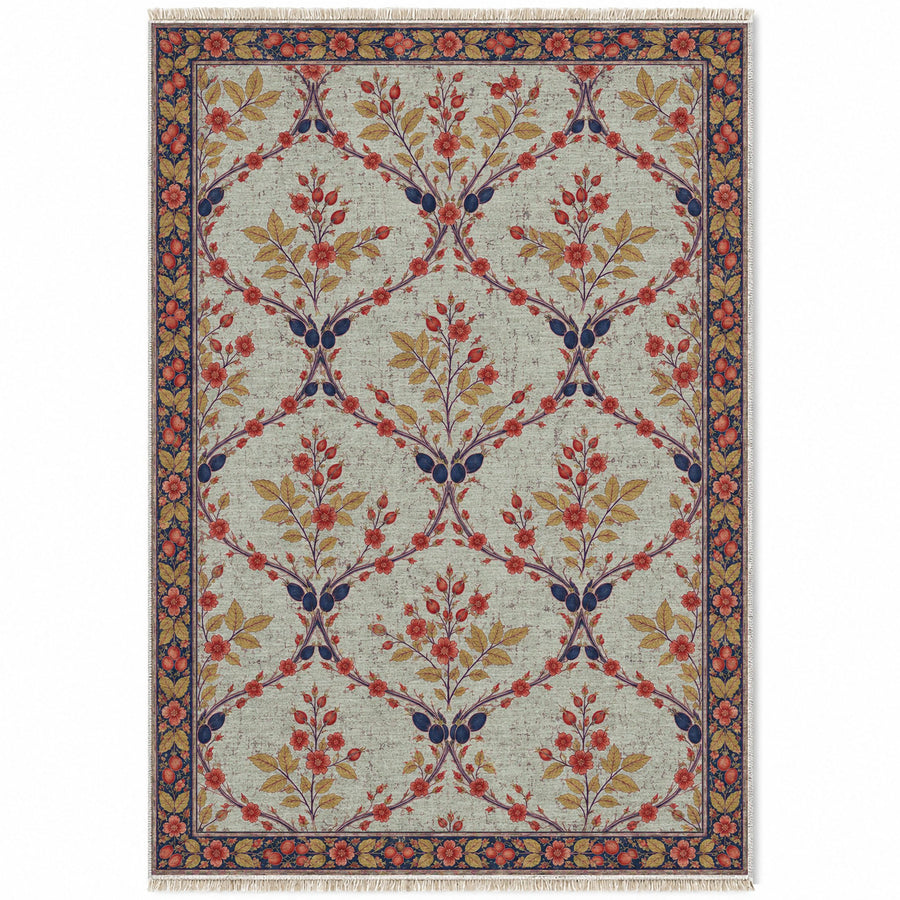 Rosehip Espalier Glacier, Ink & Vermilion Distressed Washable Rug