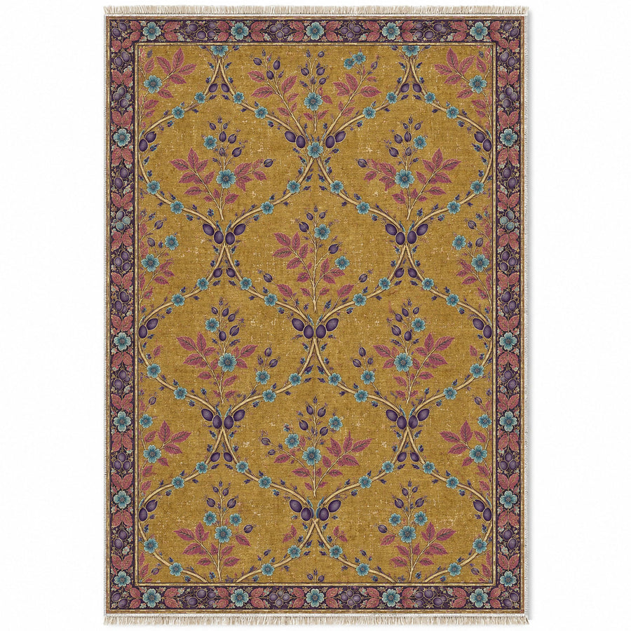 Rosehip Espalier Golden, Plum & Azure Distressed Washable Rug