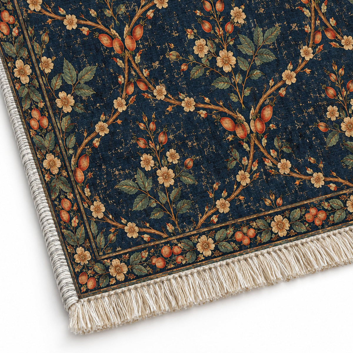 Rosehip Espalier Midnight & Melon washable rug close-up of the printed chenille