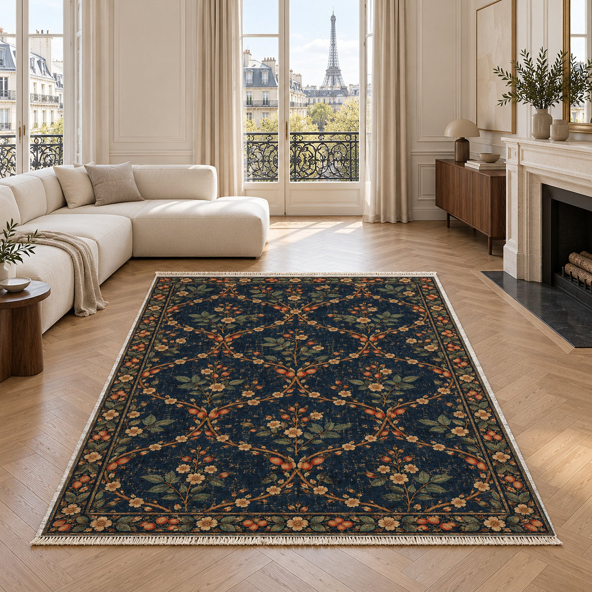 Rosehip Espalier Midnight & Melon washable rug in a living room with an Eiffel Tower view