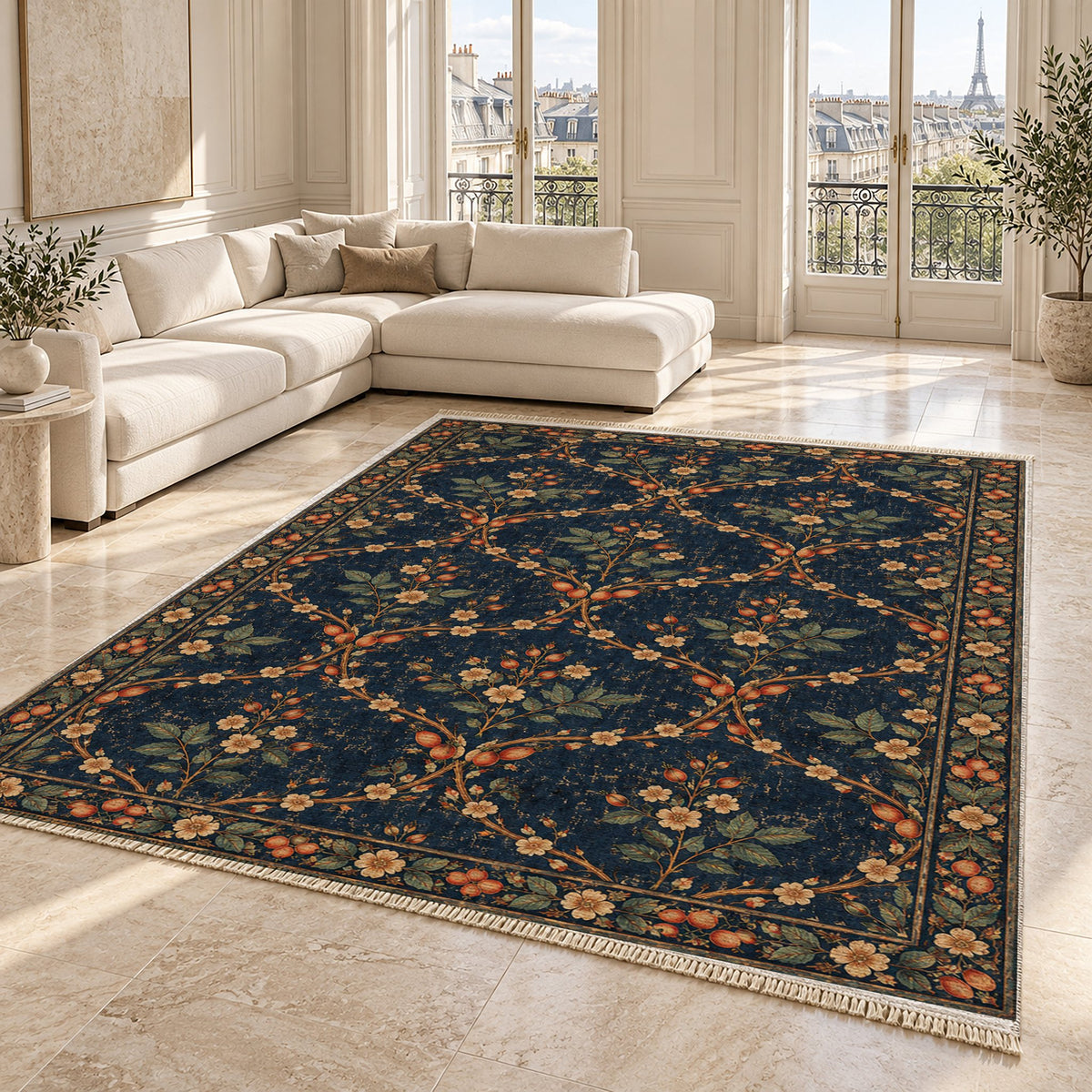 Rosehip Espalier Midnight & Melon washable rug angled room view on marble