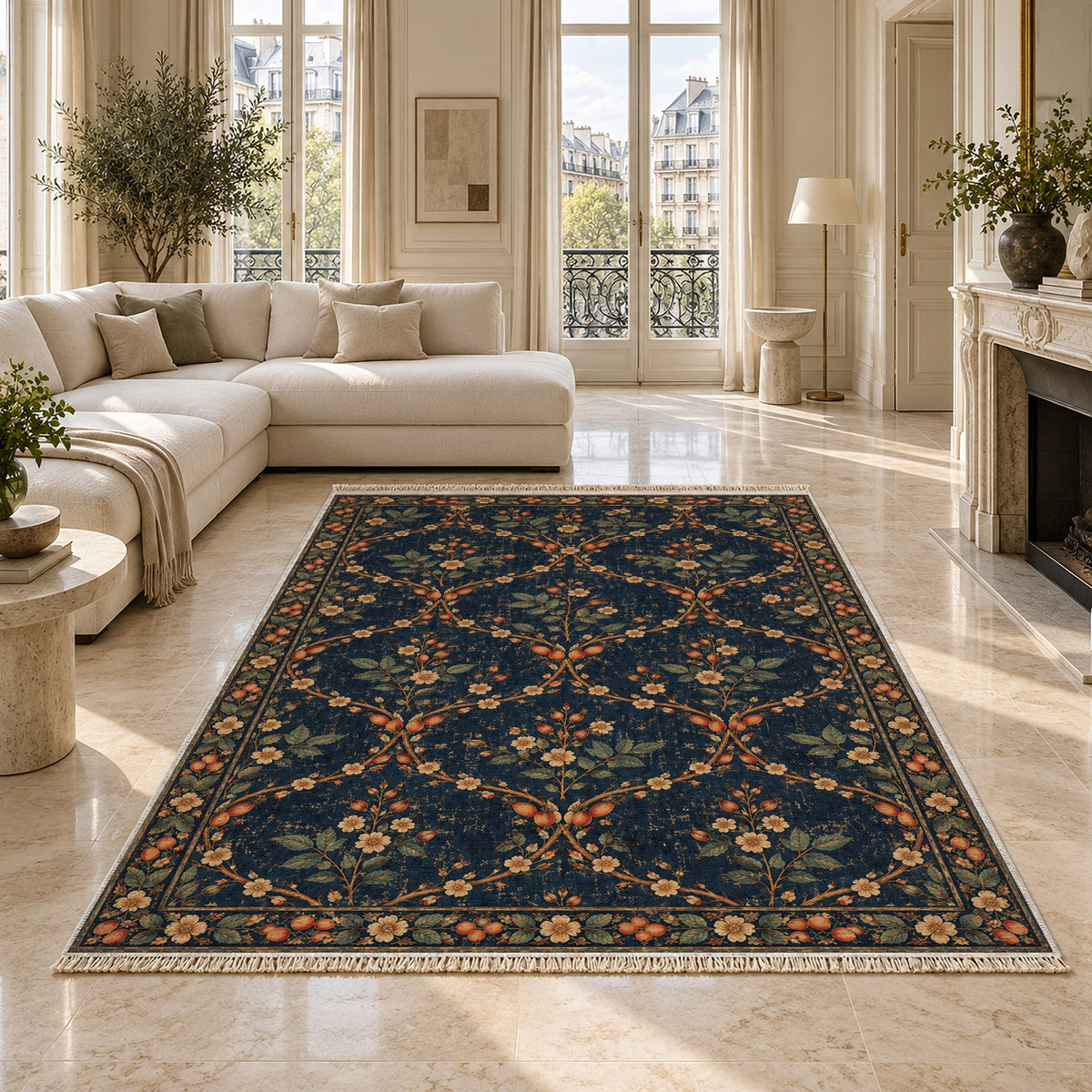 Rosehip Espalier Midnight & Melon washable rug on a marble floor