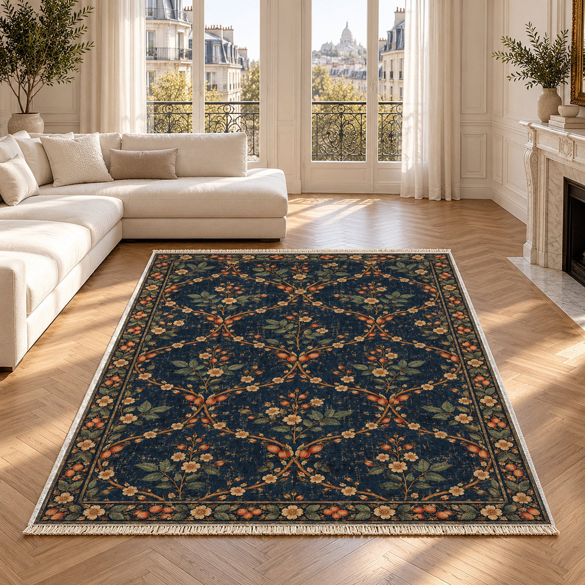 Rosehip Espalier Midnight & Melon washable rug in a Paris living room