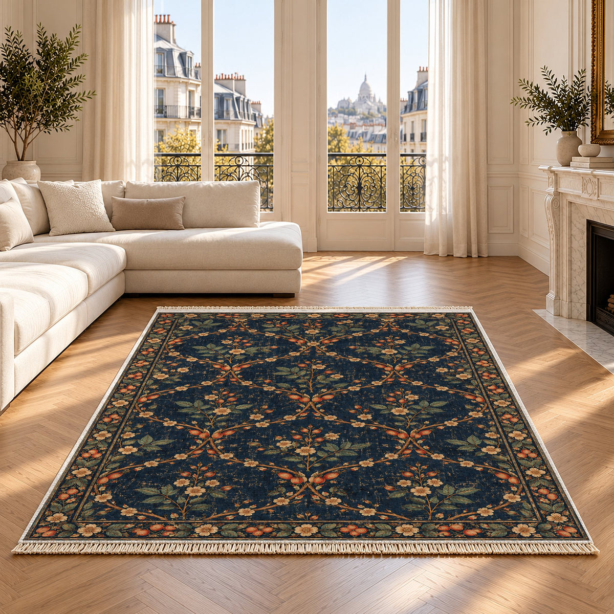 Rosehip Espalier Midnight & Melon washable rug on an oak floor
