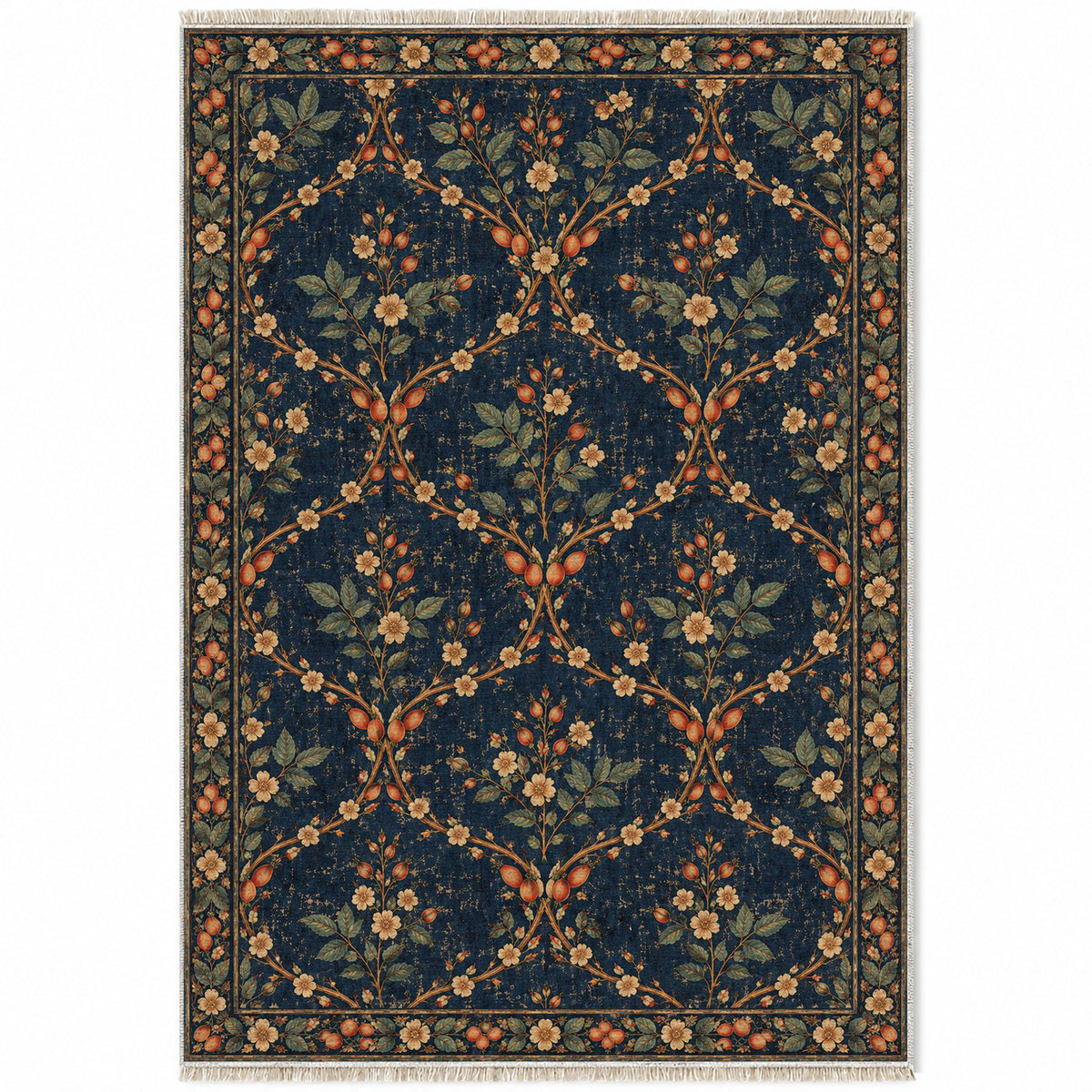 Rosehip Espalier Midnight & Melon washable rug top view